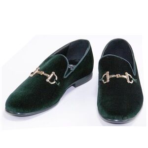 Green Velvety Smoking Shoes w/ Horse-bit Gold Hardware. Men’s size 10.5US / EU44
